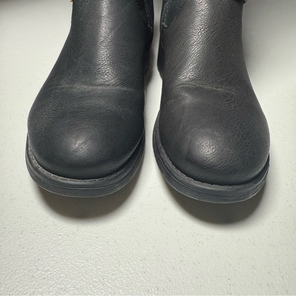 BLACK FAUX LEATHER BOOTS WOMENS 6.5 GOLD ZIPPER RIDING BIKER BUCKLE - Picture 6 of 16